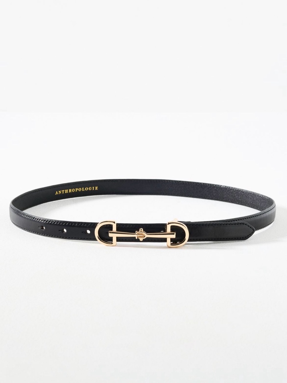 Anthropologie Skinny Classic Black Leather Belt Gold Horsebit Buckle